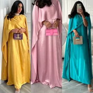 2024 New Modest Islamic Clothing Fashion Satin Soft Beautiful Outerwear Abaya Large Long Sleeved Women Dress