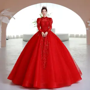 ZX-71 Luxury Senior Bride Red Wedding Dress Fluffy Skirt High Neck Sequined Long Sleeve Bridal Gown