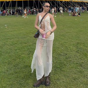 Jupe longue en dentelle transparente Y2K INS pour femmes |   Jupe longue style streetwear à taille haute, en maille transparente et patchwork - Product Image 5