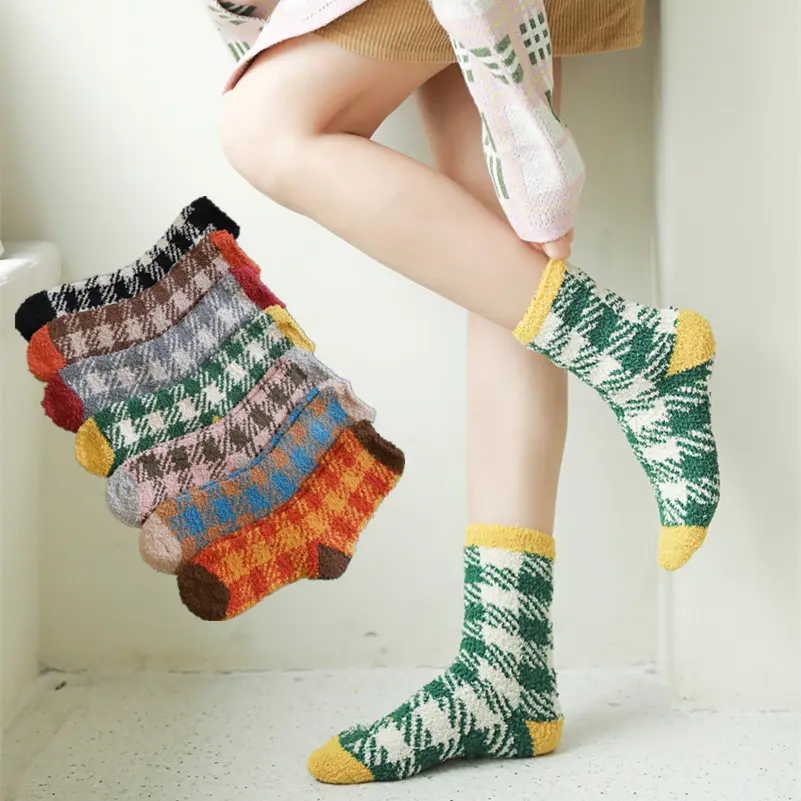 Japanese Hosiery Velvet Patchwork Plaid Socks Thermal Winter Socks For Women