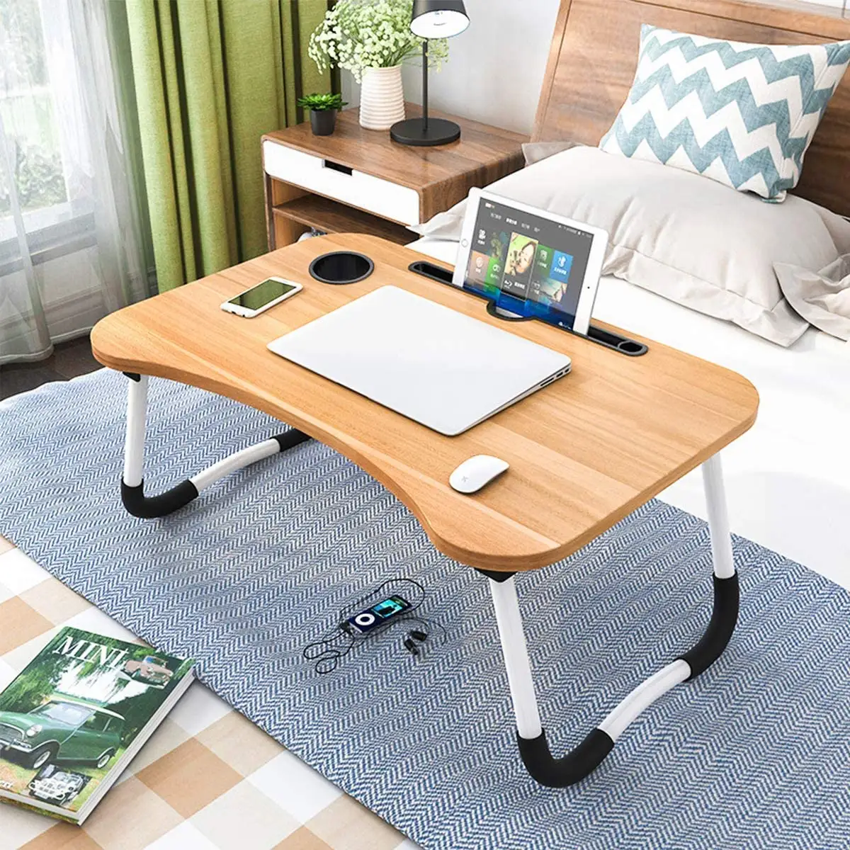 Mesa portátil para cama, bandeja de desayuno plegable, Mini Escritorio de Picnic portátil, espacio de almacenamiento, portátil