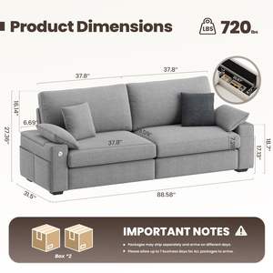 Canapé deux places en mousse Cloud, 3 places, rembourré, style Mid-century Modern, avec accoudoirs avec rangement USB pour salon - Product Image 2