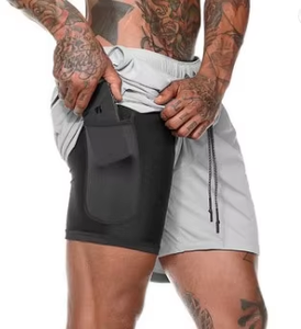 Shorts de sport pour homme de haute qualité 2 en 1 à double étage, taille mi-haute, style décontracté, shorts de course solides, écologiques, avec poches - Product Image 4