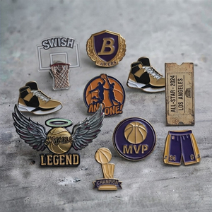 Vente en gros : Badges émaillés en alliage de zinc pour collection de fans de sport, thèmes maillot de basketball et baskets, <span class=keywords><strong>Los</strong></span> <span class=keywords><strong>Angeles</strong></span> <span class=keywords><strong>Lakers</strong></span>-NBA, cadeaux personnalisés - Product Image 1