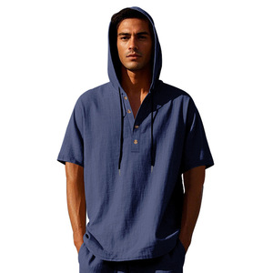 Cross Border Men's Summer <b>Linen</b> Hooded Henley <b>Shirt</b> <b>Short</b> <b>Sleeve</b> Breathable Casual Loose Fit Sport Wear - Product Image 1