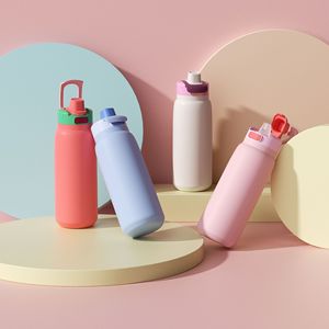 Stainless Steel Tumbler Straight Cup Apricot Color Travel Use 500Ml Insulated Water Bottle With Hidden Handle - Product Image 4