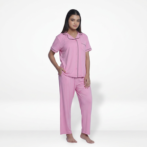 Conjunto de Pijama de Algodón Rosa para Mujer, Manga Corta, Cuello Peter Pan, Ropa de Dormir Clásica, Largo Completo, Suave, Transpirable, Cintura Elástica - Product Image 1