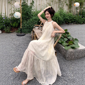 Halter Neck Long Dress Apricot Polyester Empire Waist Wrap And Tie Beach Vacation Tea Break Style - Product Image 4