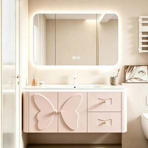 Pink French-style ceramic integrated <b>bathroom</b> sink smart butterfly mirror wall-mounted <b>bathroom</b> <b>vanity</b> - Product Image 3
