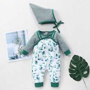 Ensemble de vêtements pour bébé, tenue pour bébé garçon et fille, 3 pièces, hauts à manches longues rayés mignons + barboteuse sans manches à imprimé feuilles + chapeau, 0-18 mois - Product Image 3