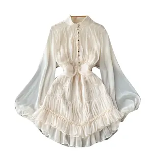 UETEEY Autumn French Sweet Dress 2023 New Puff Sleeve Ruffled Stand Collar Party Tutu Skirt Fashion Sexy Skirt