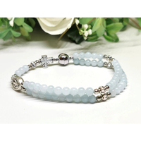 Gelang Rosario Medali Ajaib dengan Salib, Manik-manik Aquamarine Biru Muda 4mm Buatan Tangan, Perhiasan Kristen