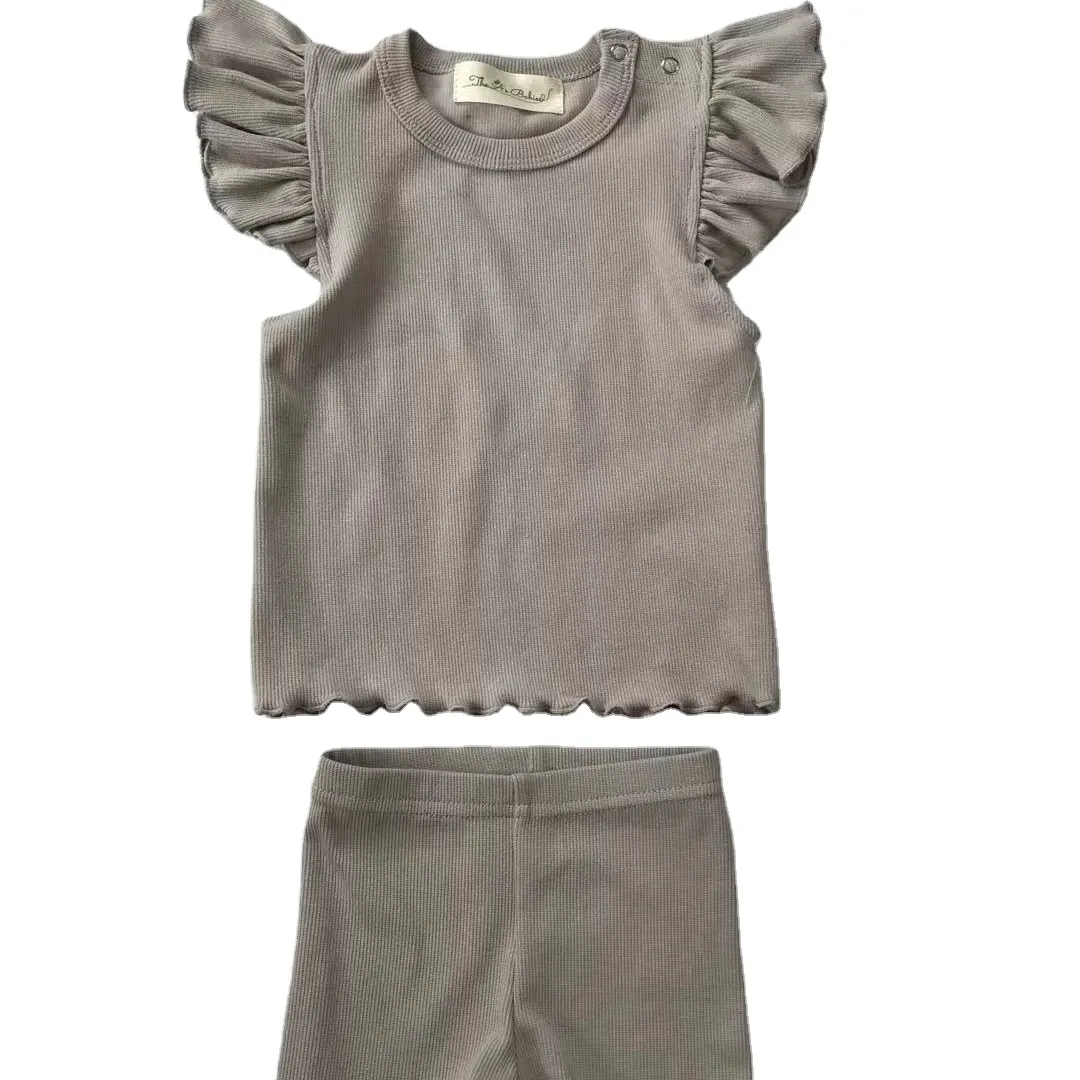 Factory price Summer grey ruffle clothes newborn baby ribbed cotton girl outfits