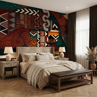 Papier peint mural géométrique africain en patchwork, autocollant, vert foncé, terre cuite, ethnique, bohème, pour la décoration murale du salon et de la chambre