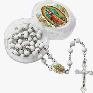 Handmade Rosary Beads <b>Cross</b> Necklace 6mm Scented Wood Bead <b>with</b> Virgin Mary & Diamond Figaro <b>Chain</b>-New - Product Image 1