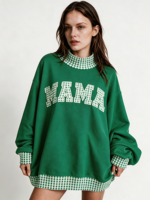 Sweat-shirt à col montant brodé patchwork pour femme, en coton, manches longues, détail ourlet brut, style décontracté et urbain, pull-over OEM