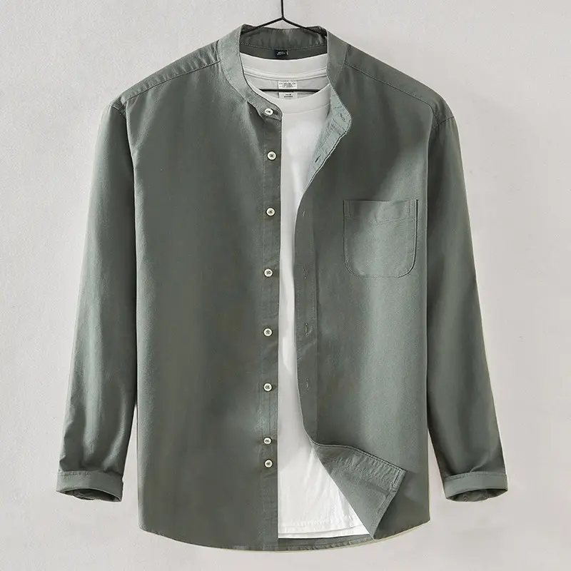 Camisa formal Oxford de algodão para homens, camisa formal de manga comprida com gola mandarim, novidade para uso vocacional