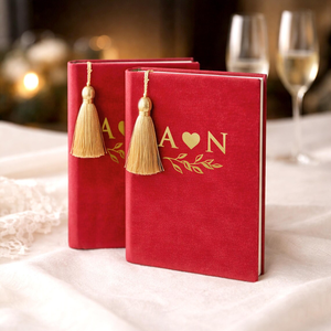Carnets de Vœux de Mariage en Velours Luxueux pour Lui <span class=keywords><strong>et</strong></span> Elle, Ensemble de Carnets de Vœux de Mariage Personnalisés avec Pompon Doré ou Argenté - Product Image 5
