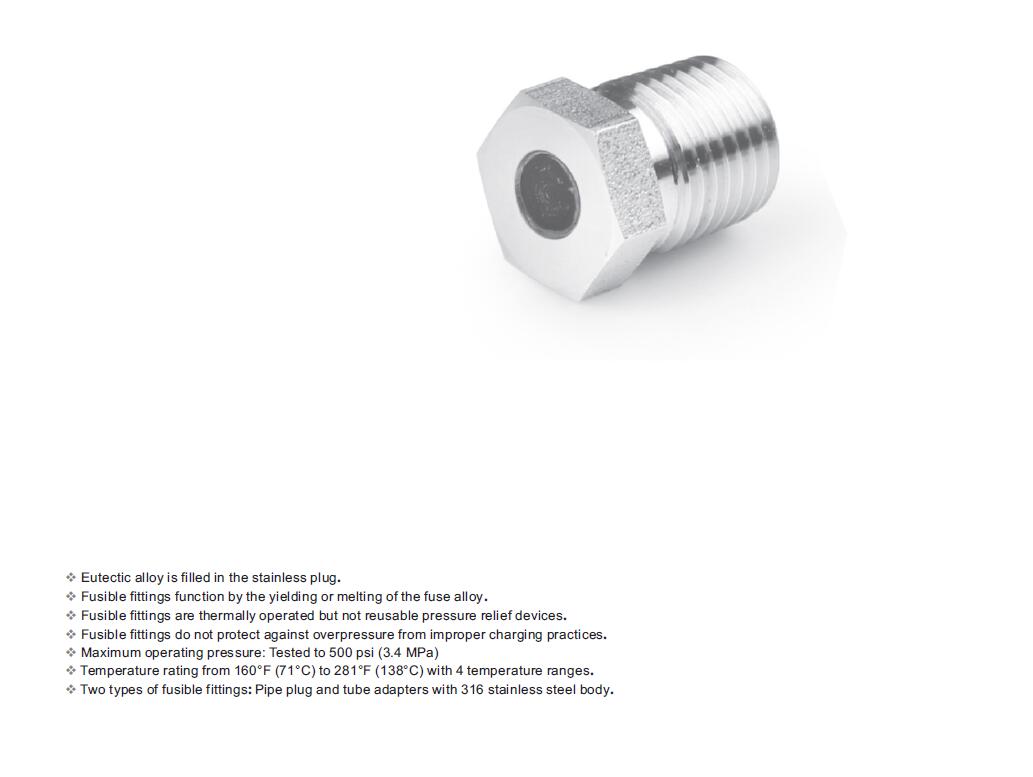 Stainless steel plug fusible fittings pipe plug tube adapter with eutectic alloy fittings