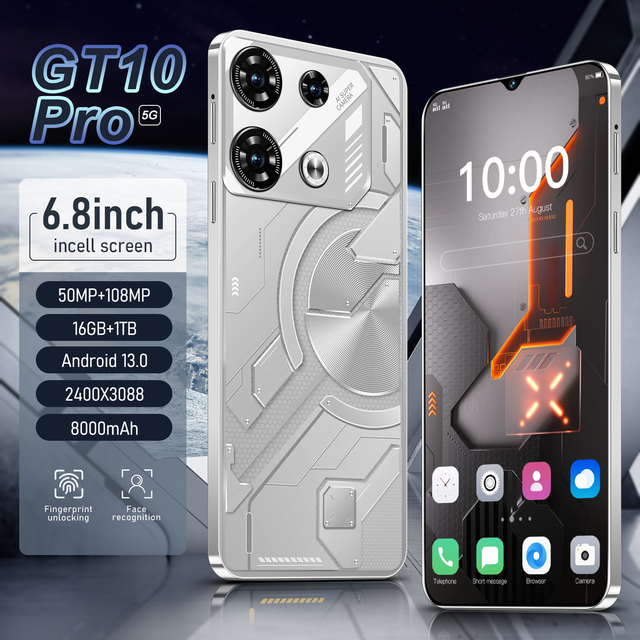 2026 Latest Original Gt10 Pro Phone 4g 5g Unlocked 6.8 Inch Led Display 4k Resolution Deca Core 108mp Supports Global Languages
