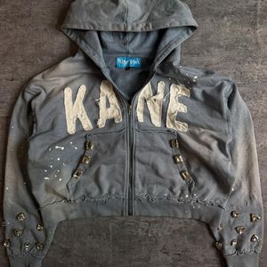 Men Zip up Hoodie Pink Vintage Washed Distressed Hooded <b>Jacket</b> Patchwork Letter Applique Big <b>Rhinestone</b> Paint Splatter Hoodie - Product Image 3