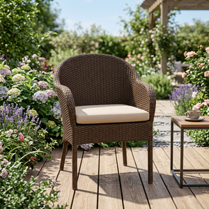 Outdoor Wicker Garden <b>Chair</b> with Beige <b>Cushion</b> Minimalist Style Tapered Legs Durable Frame for Bedroom <b>Dining</b> Patio Deck Use - Product Image 2