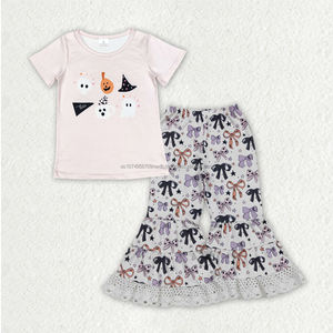 Ropa de gran oferta para niñas y niños, venta al por mayor, diseño de otoño, Top de manga corta con lazo rosa y pantalones acampanados, atuendo - Product Image 2