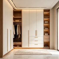 Armoire Modulaire Sur Mesure Autoportante Plancher-Plafond, Ensemble de Meubles de Chambre Crème Moderne en MDF avec Étagères et Tiroirs Intégrés à LED