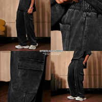 Pantalon cargo délavé à jambe large, taille élastique, style utilitaire, streetwear vintage, 350G, décontracté et épais