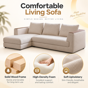 Contemporary L Shaped Beige Fabric Sectional <b>Sofa</b> with Left Chaise Lounge High Density Foam and Solid <b>Wood</b> <b>Frame</b> for Living Room - Product Image 3