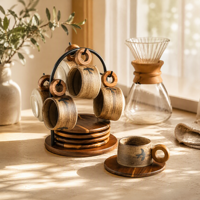 Ensemble tasse et soucoupe en céramique avec glaçure motif oiseau en vol et support en bois, hauteur 28 cm, pour présentation en café