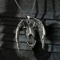 Collier pendentif ailes de squelette en acier inoxydable, argent antique, style gothique punk, bijoux pour homme, ange sombre, côte thoracique