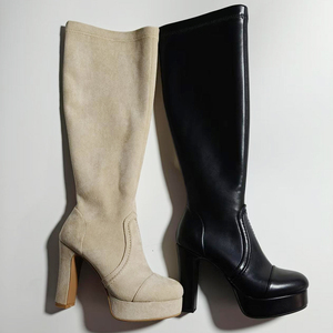 Botas de tacón grueso para mujer, botas altas hasta la rodilla, plataforma gruesa, punta redonda, botines largos de gamuza, diseño personalizado en zapatos - Product Image 6