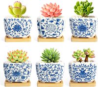 Set 6 Pot Keramik Berlapis Kaca 3.1 inci dengan Alas Bambu, Pola Dekal Biru Putih, untuk Tanaman Sukulen, Kaktus, Dekorasi Rumah & Kantor
