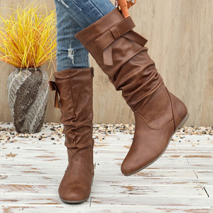 Bota Marrom Estilo Britânico Confortável com Pregas, Cano Alto, Cabedal em Poliuretano, Forro em Malha, Outono/Inverno/Primavera, Nova Chegada 2026, Lateral - Product Image 4