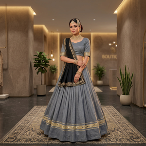 Grey Traditional <b>Lehenga</b> Choli for <b>Women</b> with Heavily Embroidered Black Dupatta Set for Indian Weddings and Festivals - Product Image 1