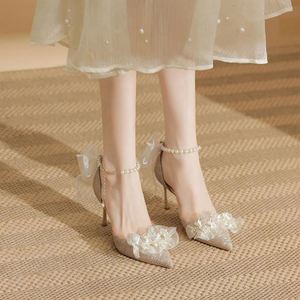 New Customized Large Bowknot Ladies High <strong>Heel</strong> <strong>Sandals</strong> Pearl Chain Decoration Wedding Shoe - Product Image 2