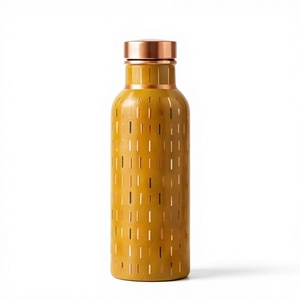 Bouteille d'eau en cuivre émaillée artisanale de luxe, motif artistique moutarde, gourde ayurvédique pour le fitness, récipient écologique pour boissons - Product Image 1