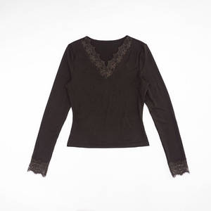 Viviblook Y25TP428 camiseta de mujer otoño nuevo cuello en V encaje empalme manga larga Top para damas - Product Image 5