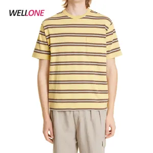 Wellone High Quality No Brand Custom Patch Logo Heavy Weight 100% Cotton Yellow Striped Pocket T-shirt For Man