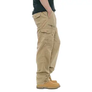 Pantalons de vêtements de travail amples multi-poches durables 100% coton couleur kaki pantalons à jambes droites pour hommes