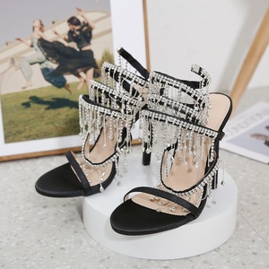 Nouvelles sandales d'été à bride cheville pour femme, à bout ouvert, talon aiguille, avec pendentif strass et pompon, chaussures à talons pour femme - Product Image 6