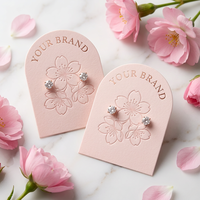 Carte de présentation de bijoux en papier coton rose poudré personnalisée, motif fleur de cerisier, estampage à chaud or rose, OEM, vente en gros, usine