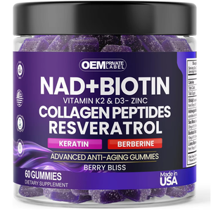 OEM gommoso NAD + resveratrolo berberina biotina Anti-invecchiamento vitamina K2 e D3 Gummies per la pelle dei capelli unghie articolazione - Product Image 1