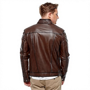 Veste Moto Décontractée Homme LONG MISSION INDUSTRY en Cuir Véritable Marron Respirant Col Montant Fermeture Éclair Coupe Droite Hiver - Product Image 4