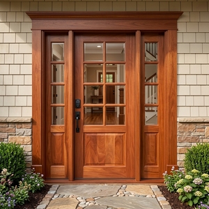 Porte d'entrée en bois massif de style artisanal américain, avec panneaux de verre multi-vitrages et élégantes fenêtres latérales doubles. - Product Image 5