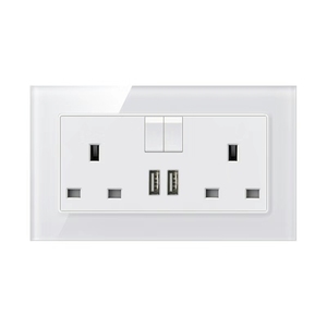 Đen Trắng Anh BS Anh Chống Cháy Glass Bảng Điều Chỉnh 2 Gang Switch 13A 3 Pin Ổ Cắm Tường Với Đôi USB - Product Image 2