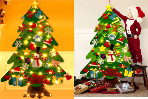 Ensemble d'arbre <span class=keywords><strong>de</strong></span> Noël en feutre éducatif à faire soi-même, arbre en feutre à suspendre au mur pour enfants avec 32 décorations <span class=keywords><strong>de</strong></span> Noël et guirlande lumineuse - Product Image 5