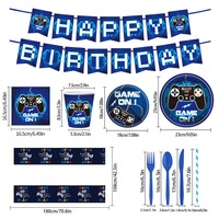 Kits de vaisselle jetable sur le thème du jeu personnalisés en bleu, comprenant une bannière d'anniversaire, des assiettes en papier, des fournitures de fête à motifs de jeu