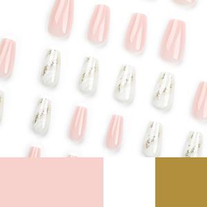 12 Pcs Pink White Ombre Gold Glitter Accent Half Cover Nail Design <b>Acrylic</b> Press Nails Artificial Fingernails False Nails <b>Glue</b> - Product Image 4